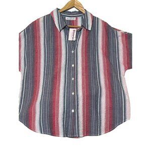 NWT Keren Hart Womens Striped Short Sleeve Shirt Large Red/Blue Cotton Button